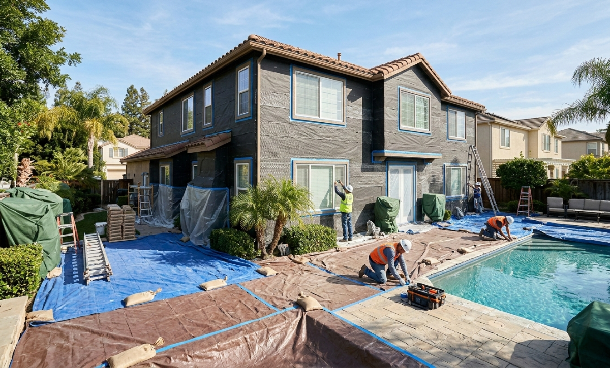 Professional stucco exterior showing site protection and waterproofing preparation
