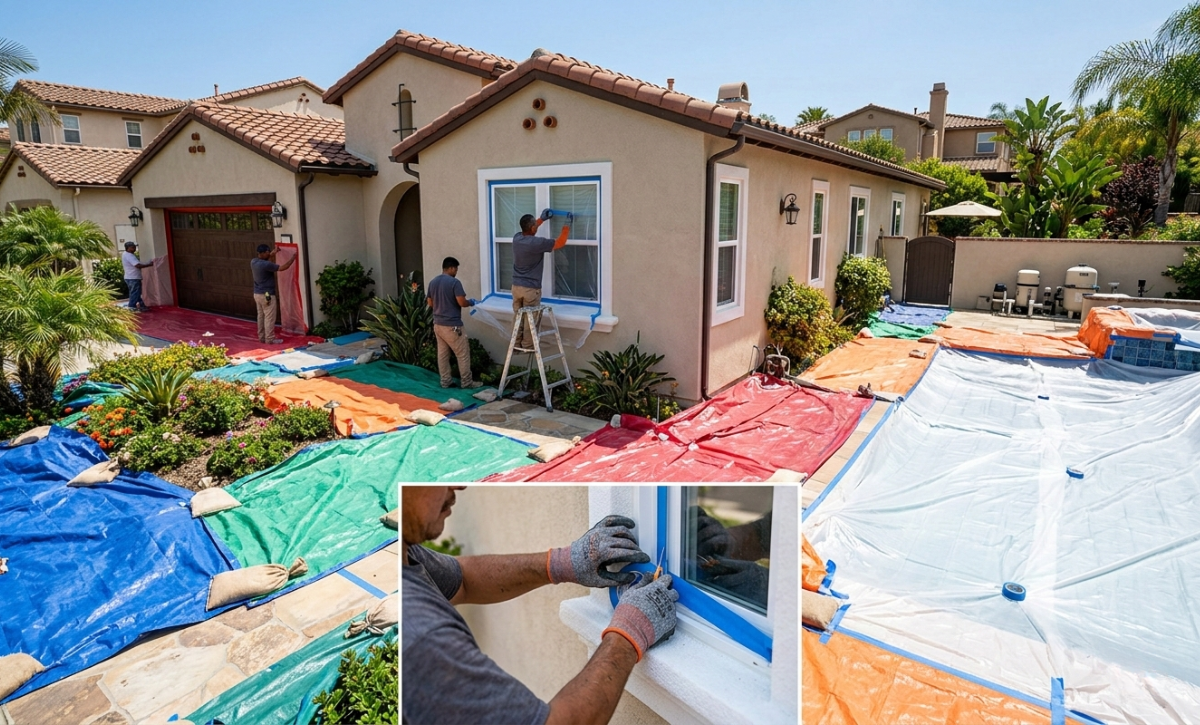 Professional stucco crew preparing a home exterior, covering landscaping, pool, and hardscapes, taping windows and trims, ensuring proper protection before stucco work.