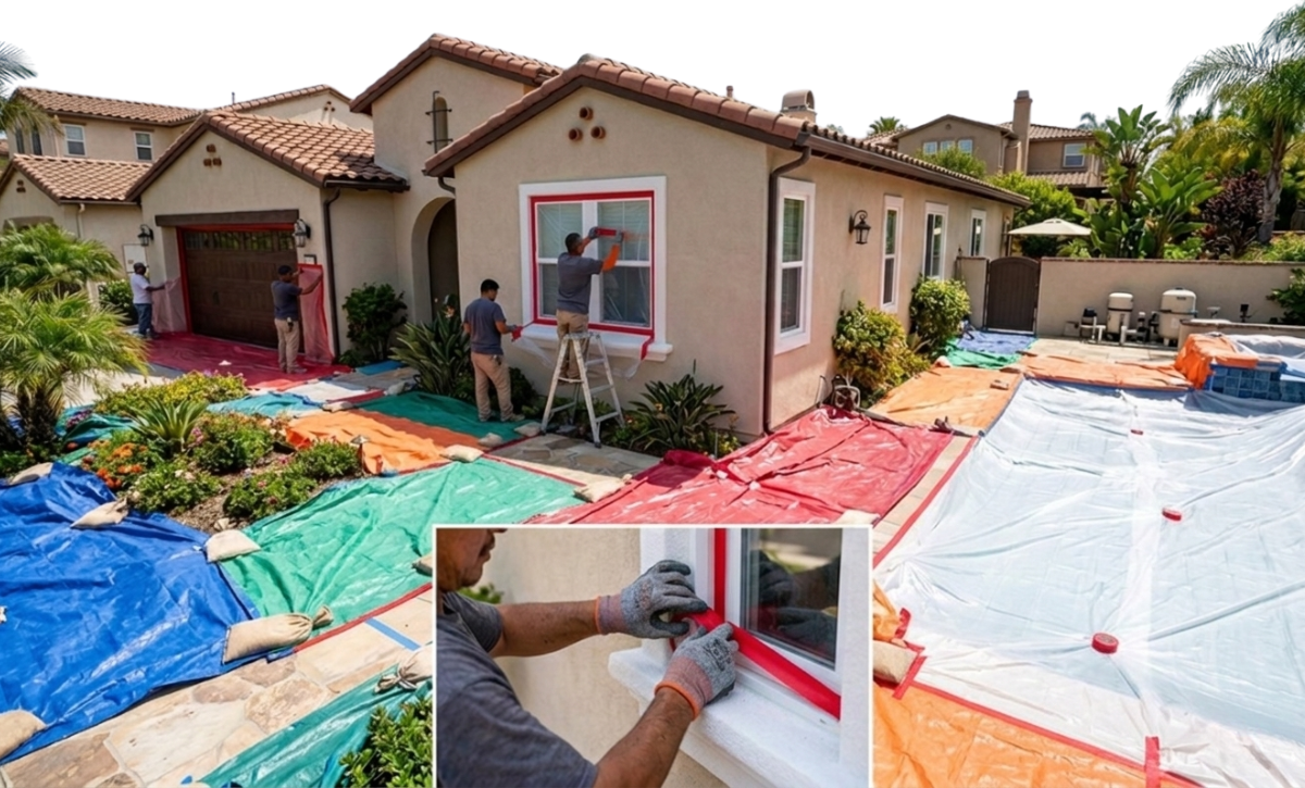 Exterior stucco preparation on a home showing red trade tape securing plastic sheeting over landscaping and window edges.