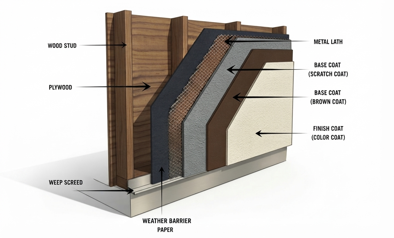 Cross section showing the components of a stucco wall system