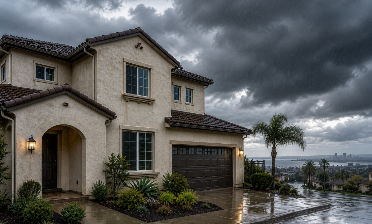 Stucco home in San Diego being prepared for rainy weather